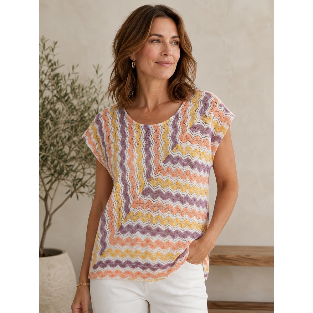 Alfred Dunner Women's Knit Top L Chevron Pattern Orange Purple Yellow White